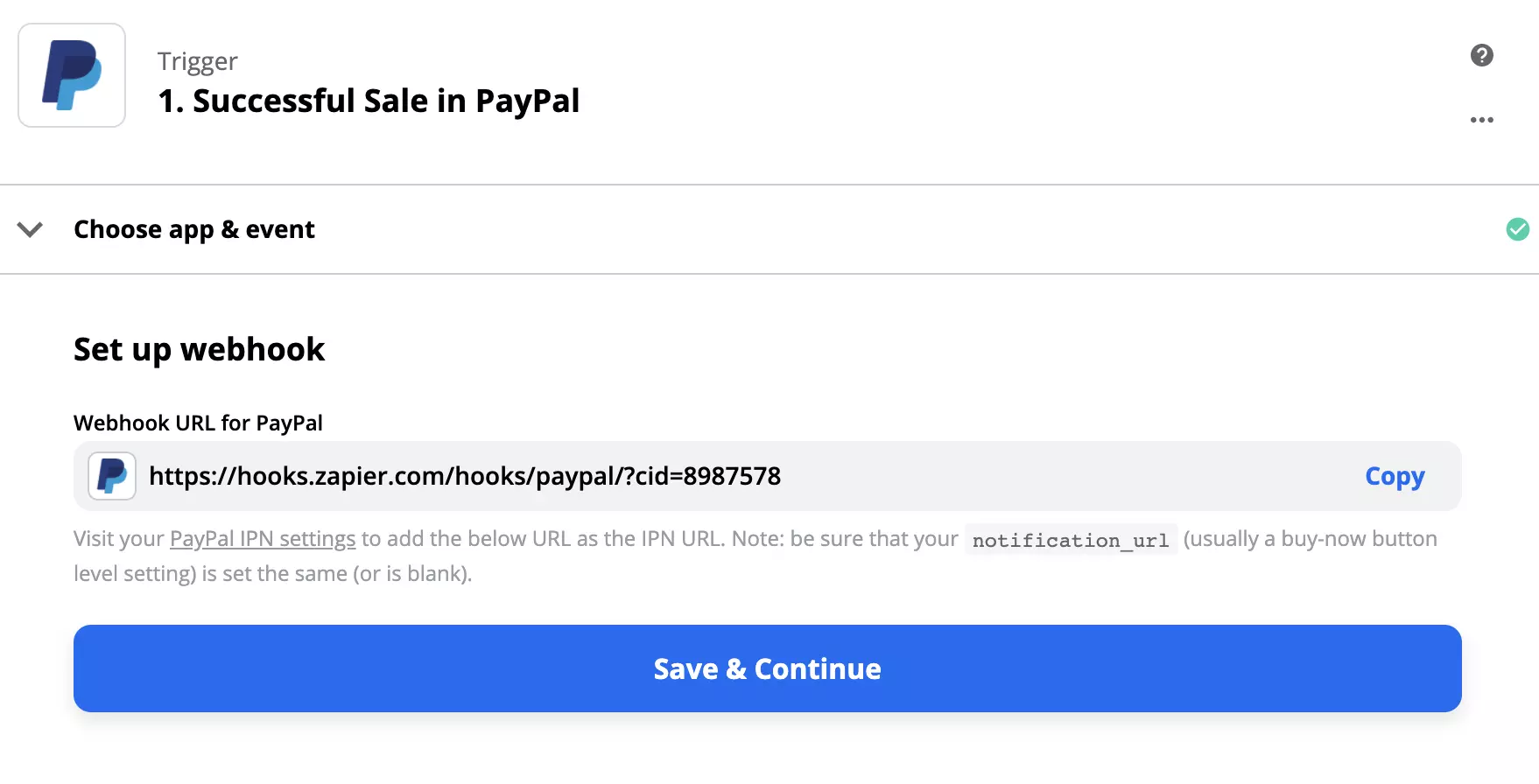 PayPal\' triggerio konfigūracija su webhook nustatymu