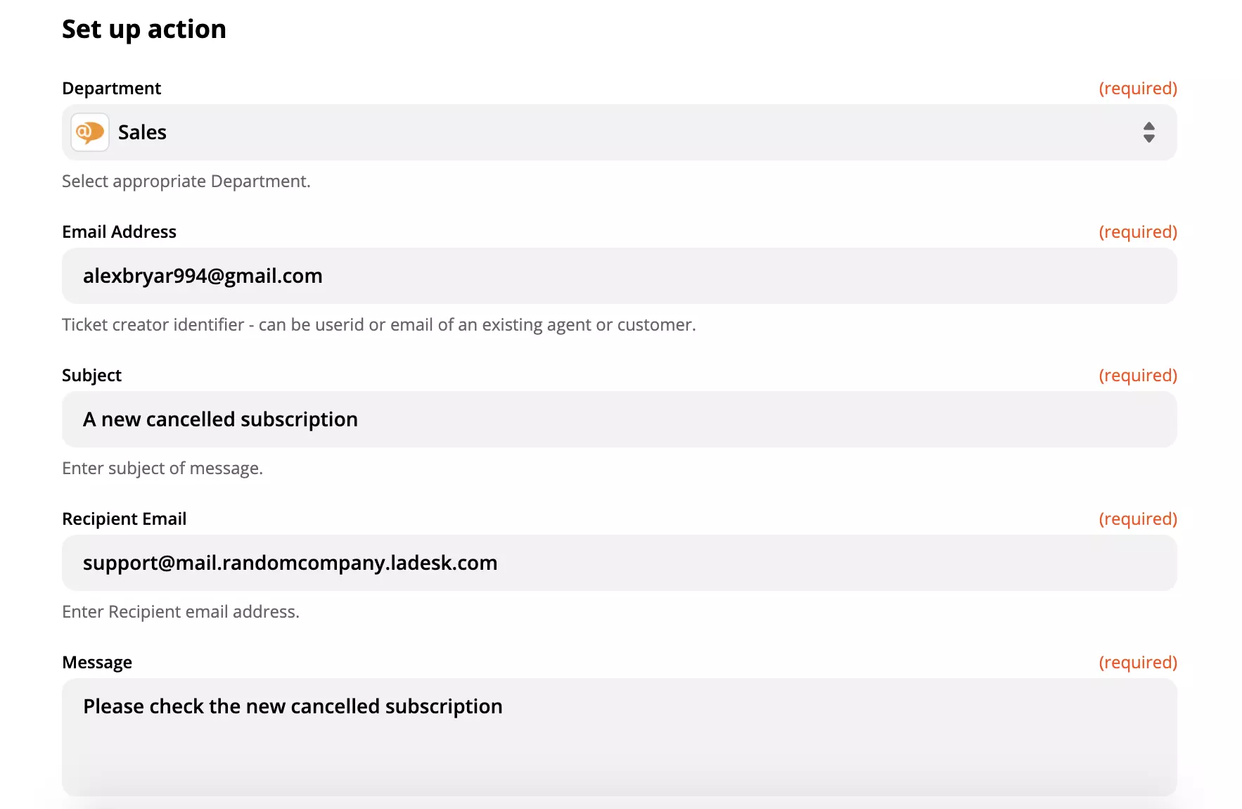 LiveAgent veiksmų nustatymo pavyzdys