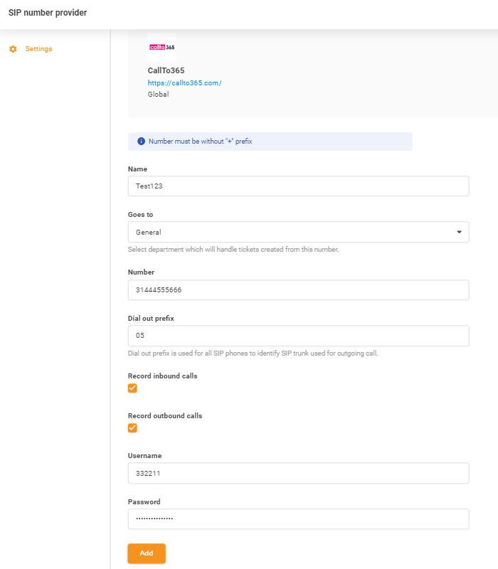 CallTo365 prisijungimo duomenų įvedimas
