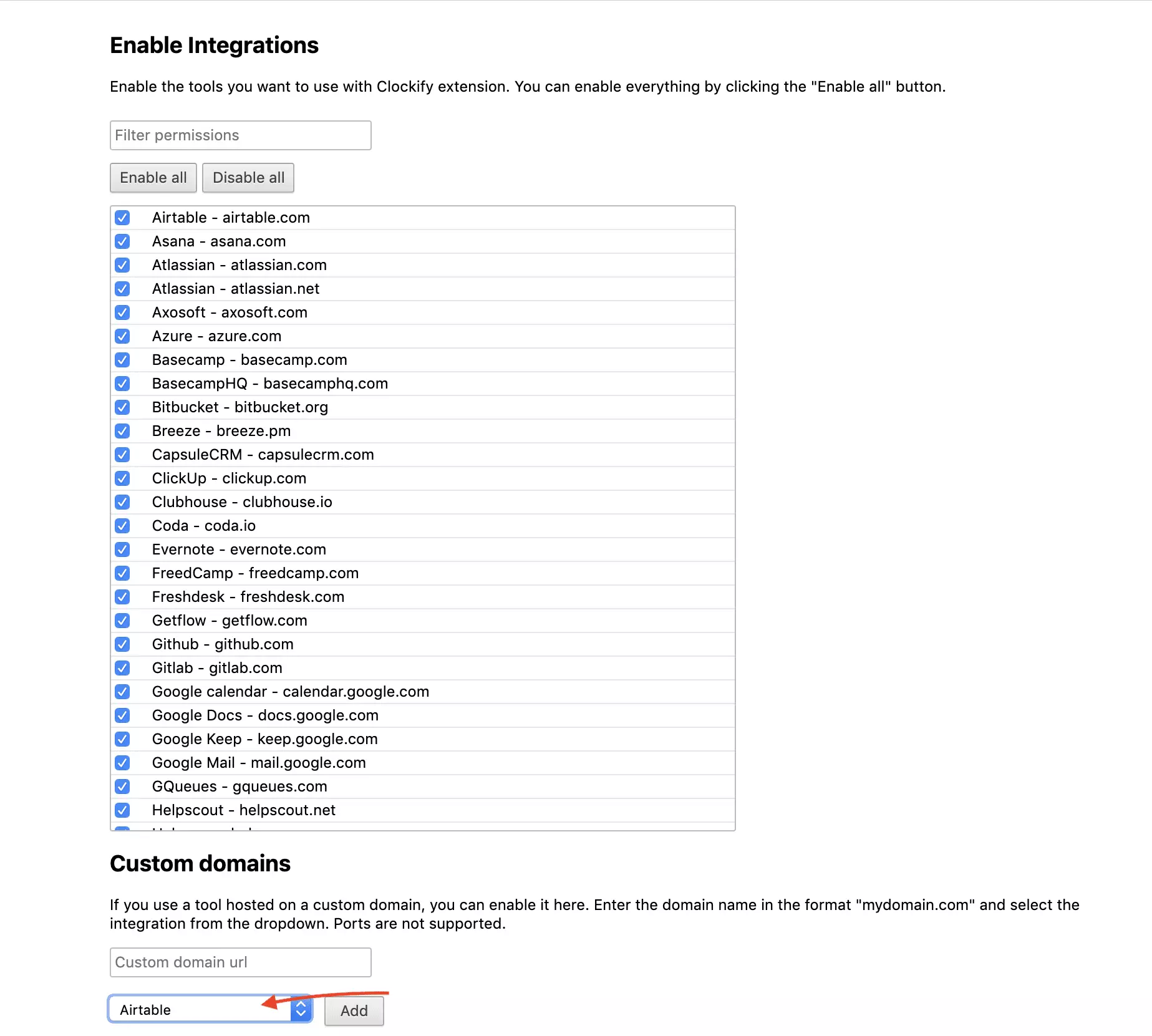 Clockify integracijos pasirinkimas