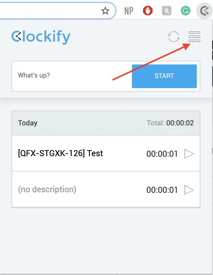 Clockify plėtinio parinktys