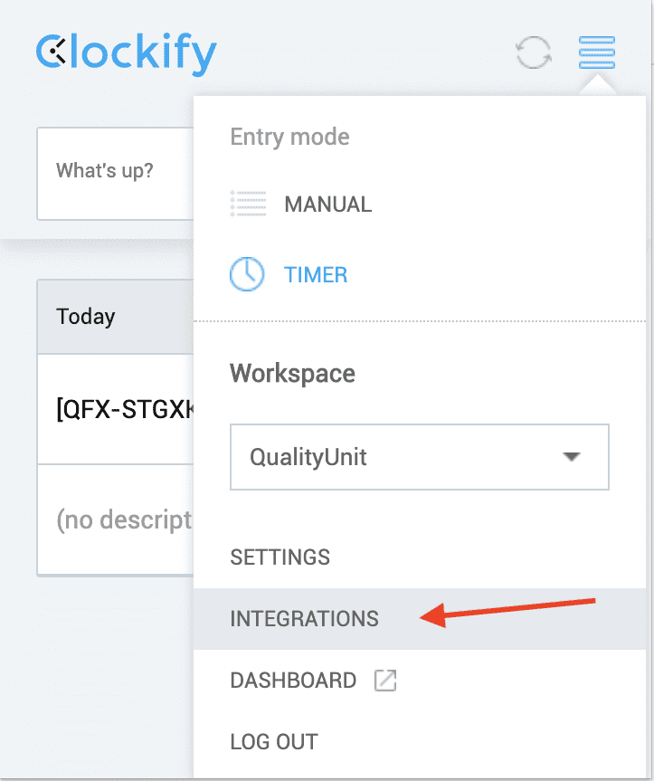 Clockify integracijos meniu