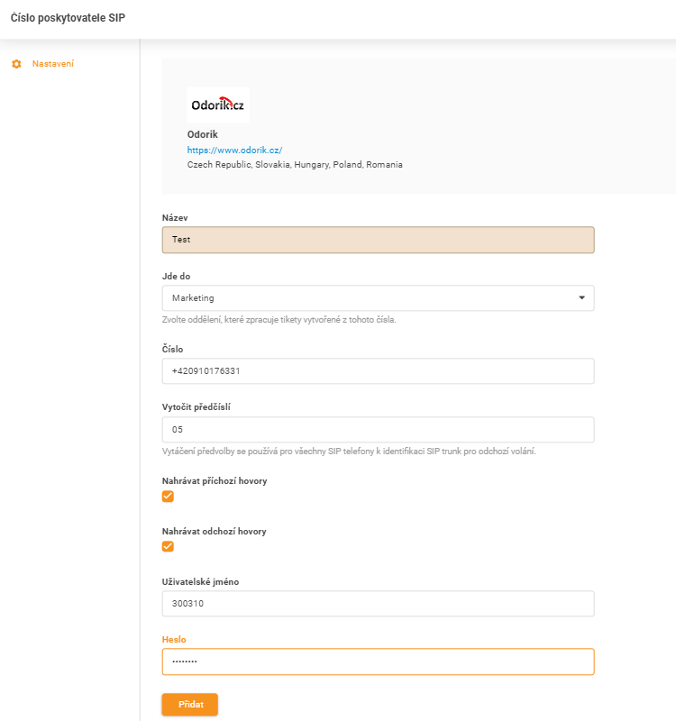 Odorik.cz kredencialai