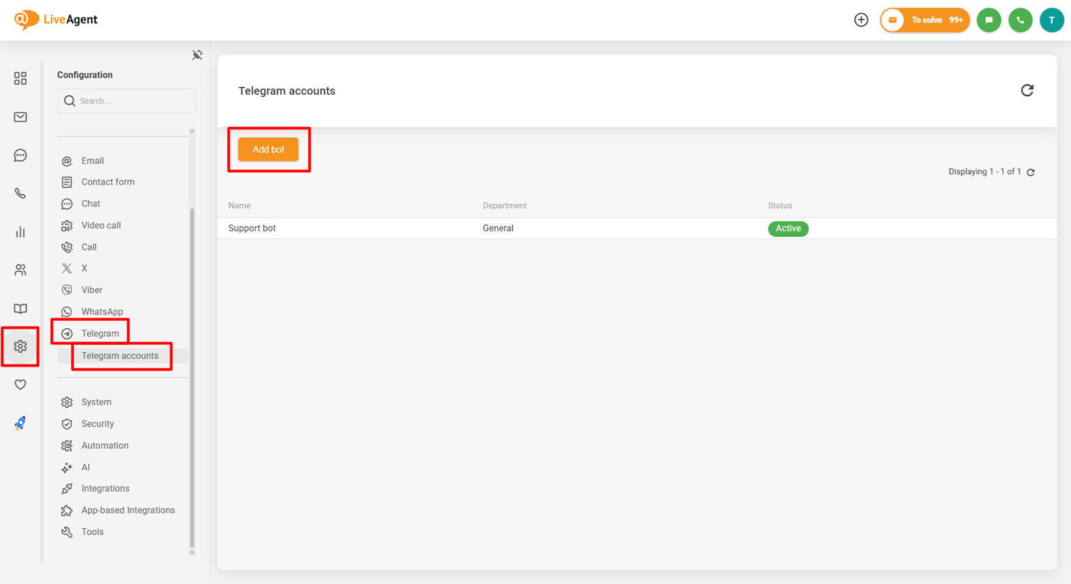 LiveAgent Telegram integracijos konfigūracijos skydelio ekrano kopija, rodanti mygtuką Add bot