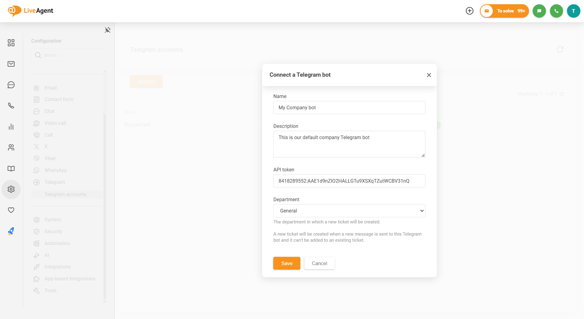 LiveAgent Telegram integracijos ekrano kopija, kaip prijungti botą