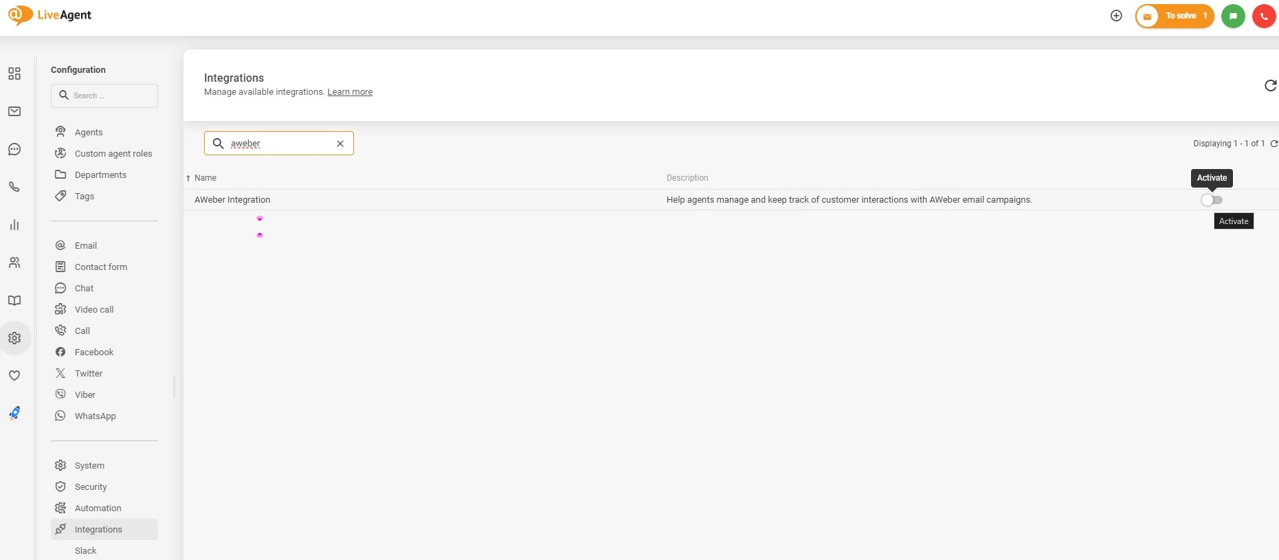 AWeber integracijos aktyvavimas LiveAgent
