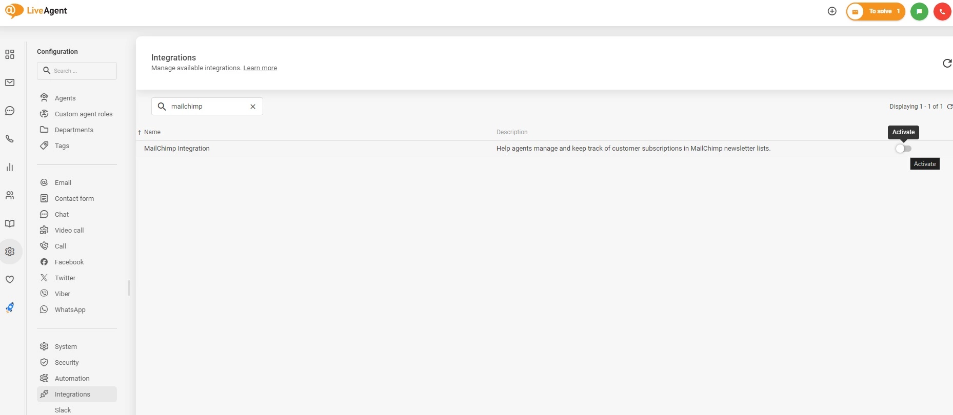 Suaktyvinkite Mailchimp integraciją LiveAgent