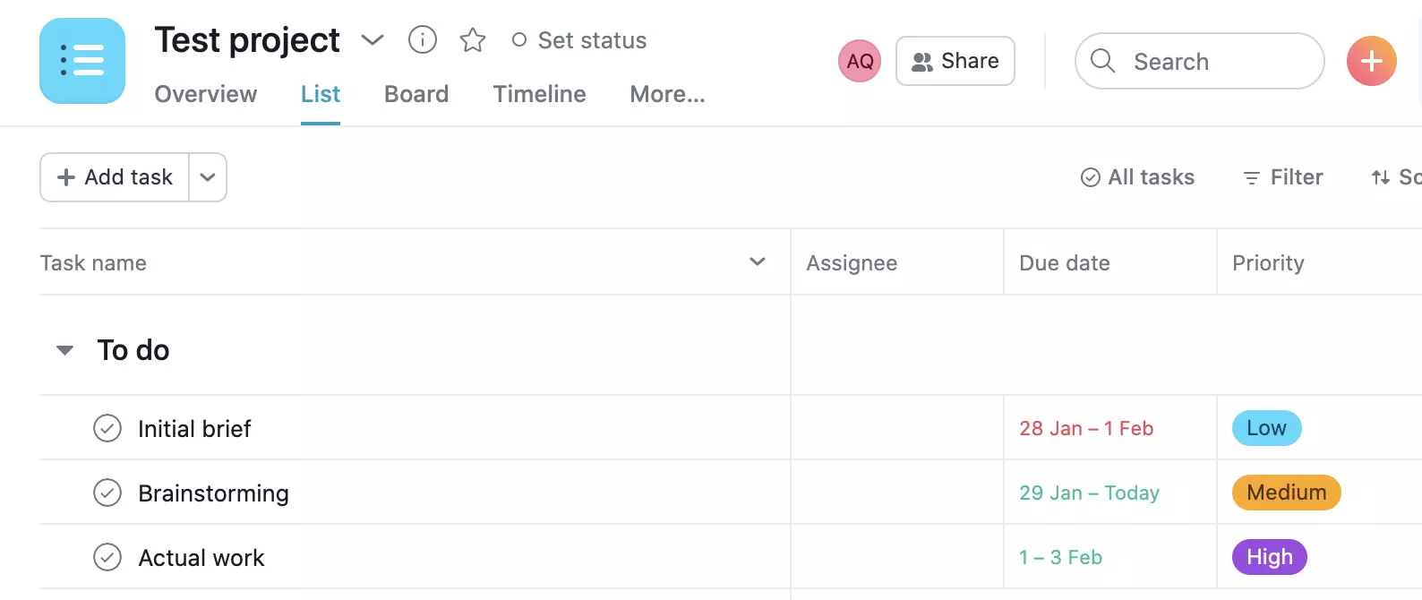 Asana projekto pavyzdys