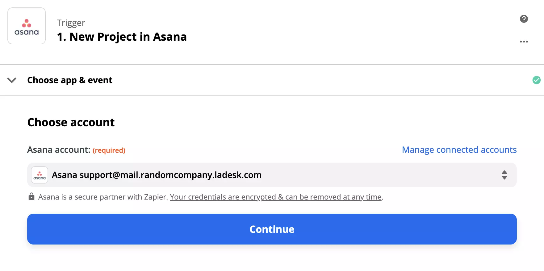 Asana paleidiklio nustatymas Zapier platformoje