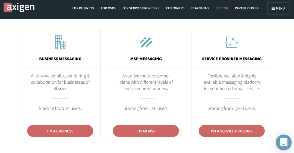 Axigen svetainė su kainų planais