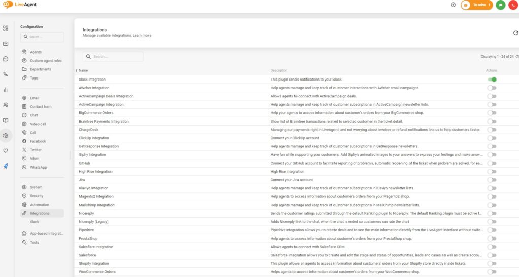 Suaktyvinkite integracijas LiveAgent
