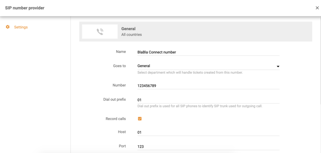 BlaBla Connect integracijos nustatymas LiveAgent skambučio konfigūracijoje