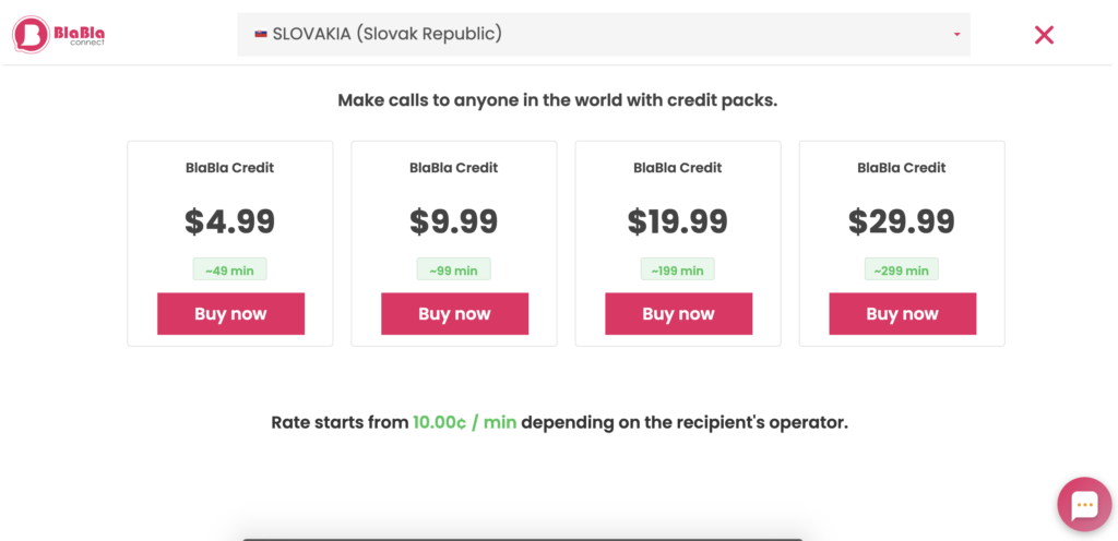 BlaBla Connect kainodaros planai, rodomi svetainėje