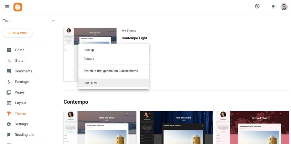 Redaguoti HTML parinktis Blogger temos nustatymuose
