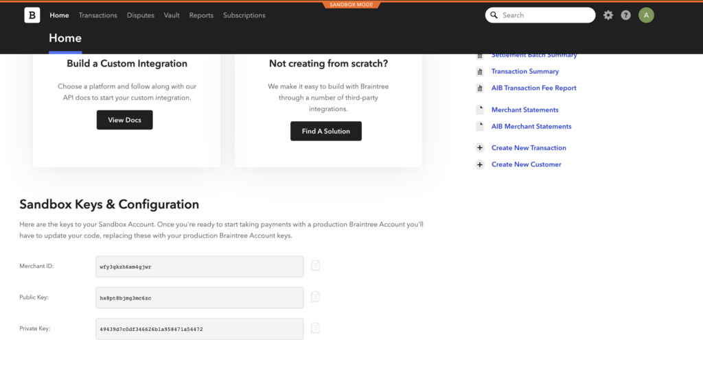 Raktai ir konfigūracija 'Braintree