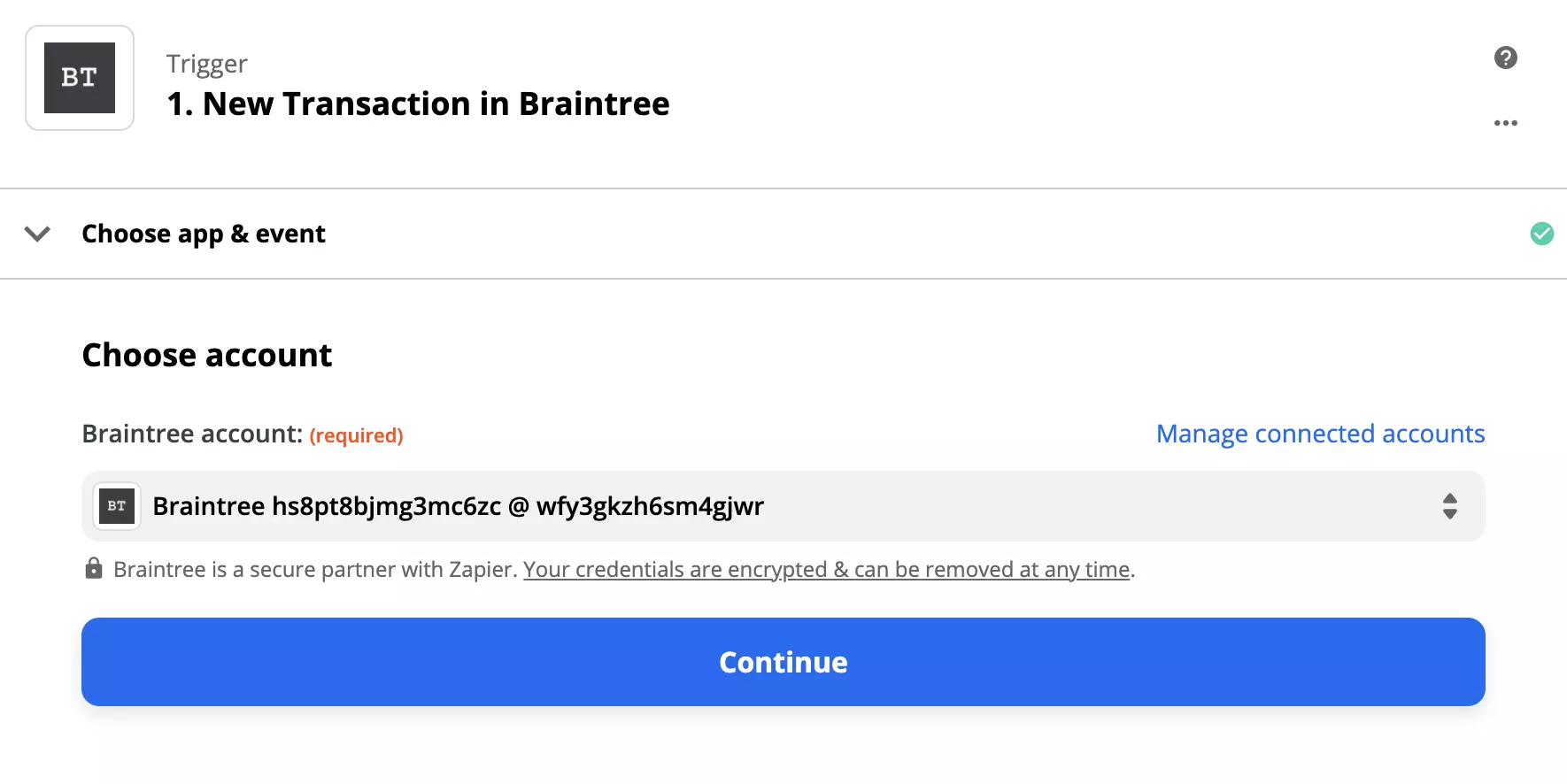 'Braintree' triggerio konfigūracija 'Zapier'
