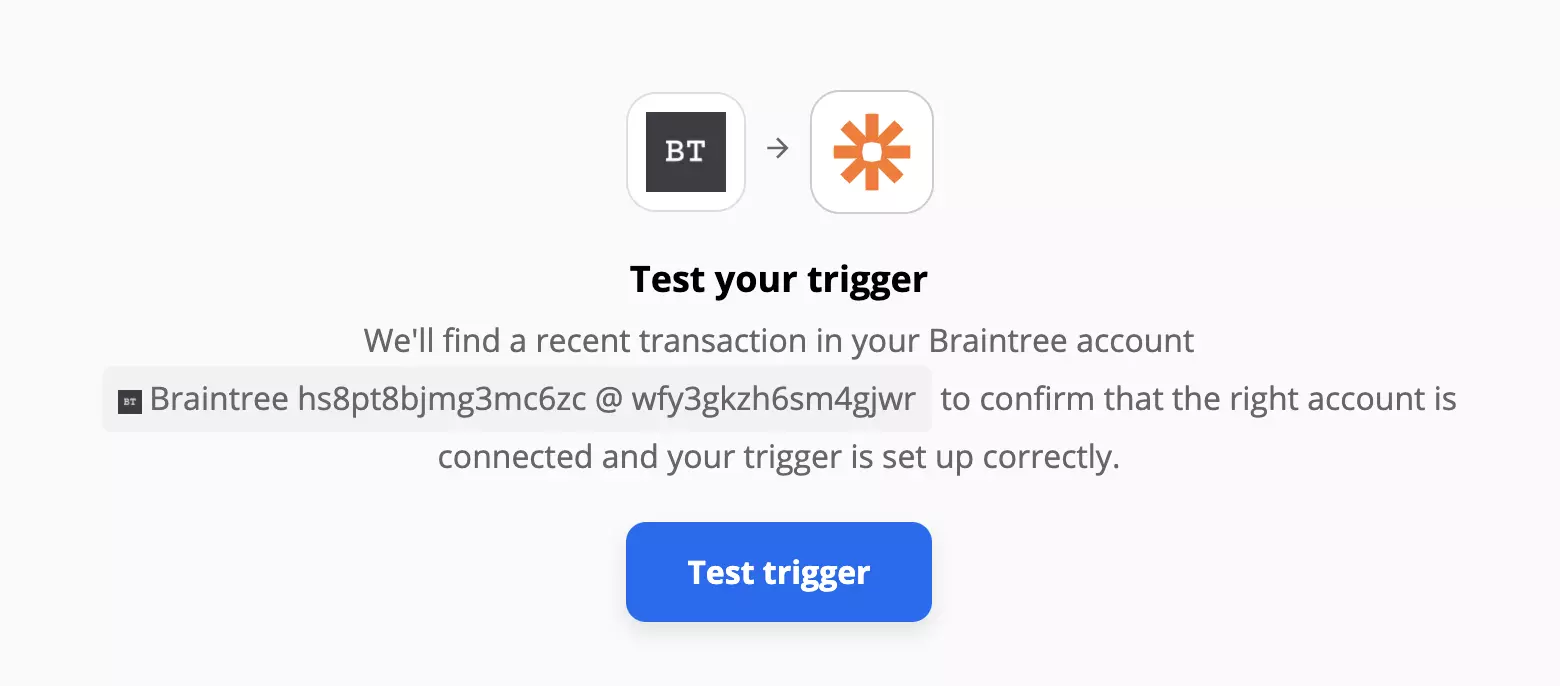 'Braintree' triggerio bandymas 'Zapier'