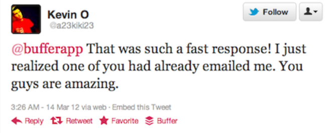 Image of a tweet (post) where a customer expresses their satisfaction with a quick customer service