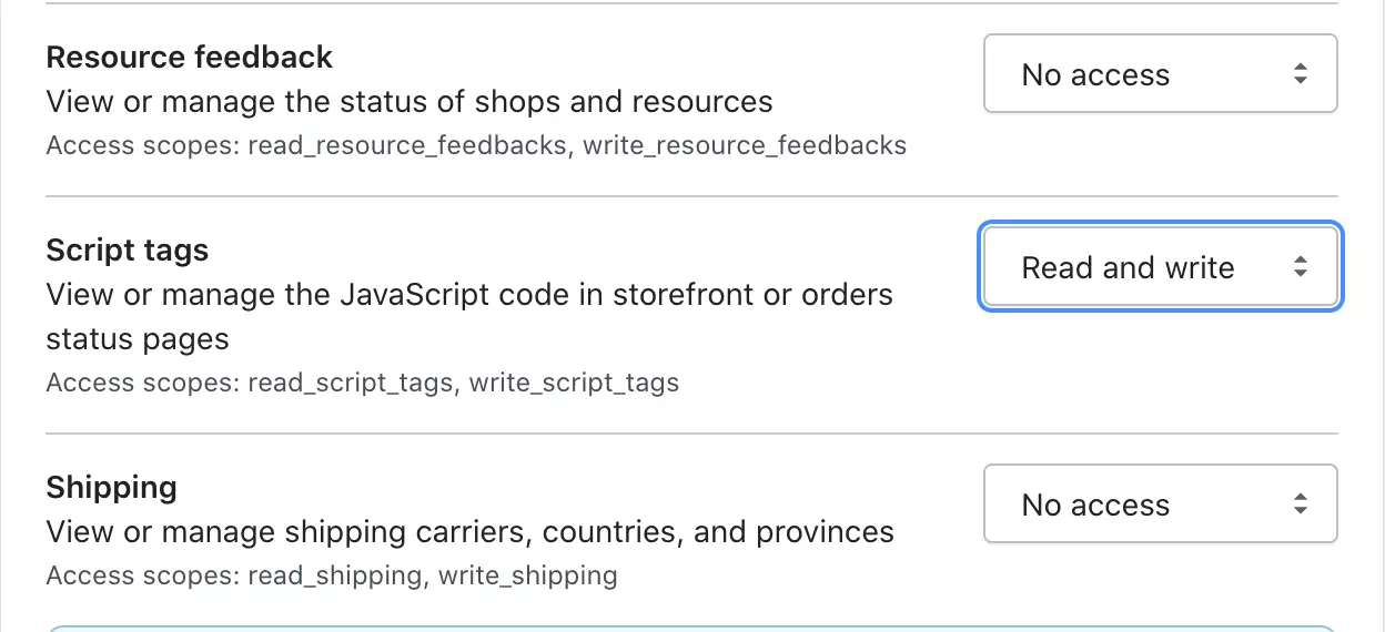 Pakeiskite Script tags teises į Skaityti ir rašyti Shopify