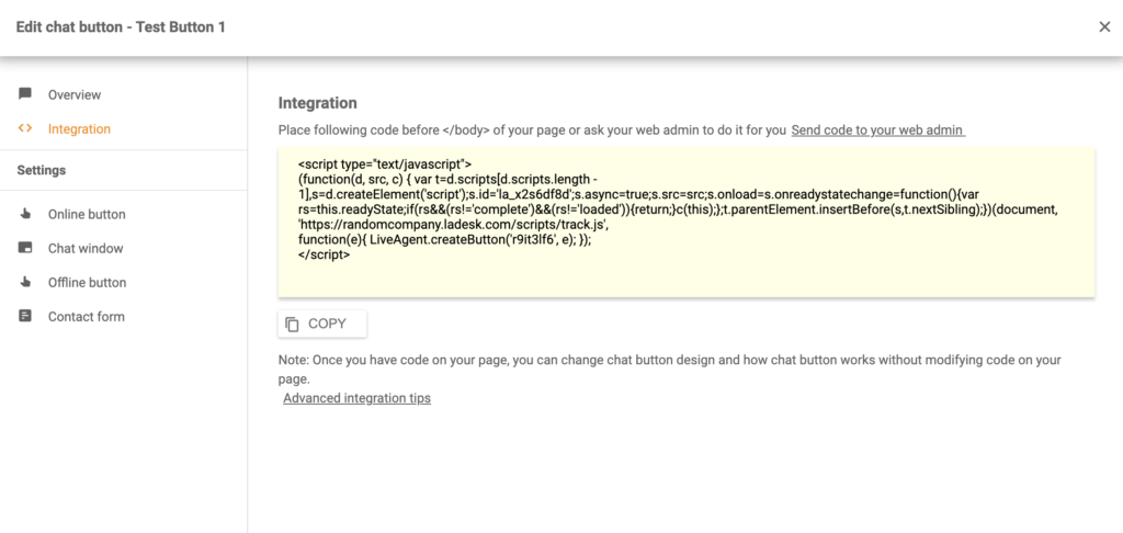 Pokalbio mygtuko kodas, sugeneruotas LiveAgent