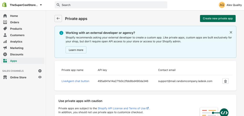 Sukurkite naują privačią programą Shopify, kad sukurtumėte integraciją su LiveAgent