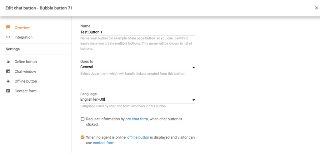 Pokalbio mygtuko konfigūracija kaip Volusion integracijos dalis
