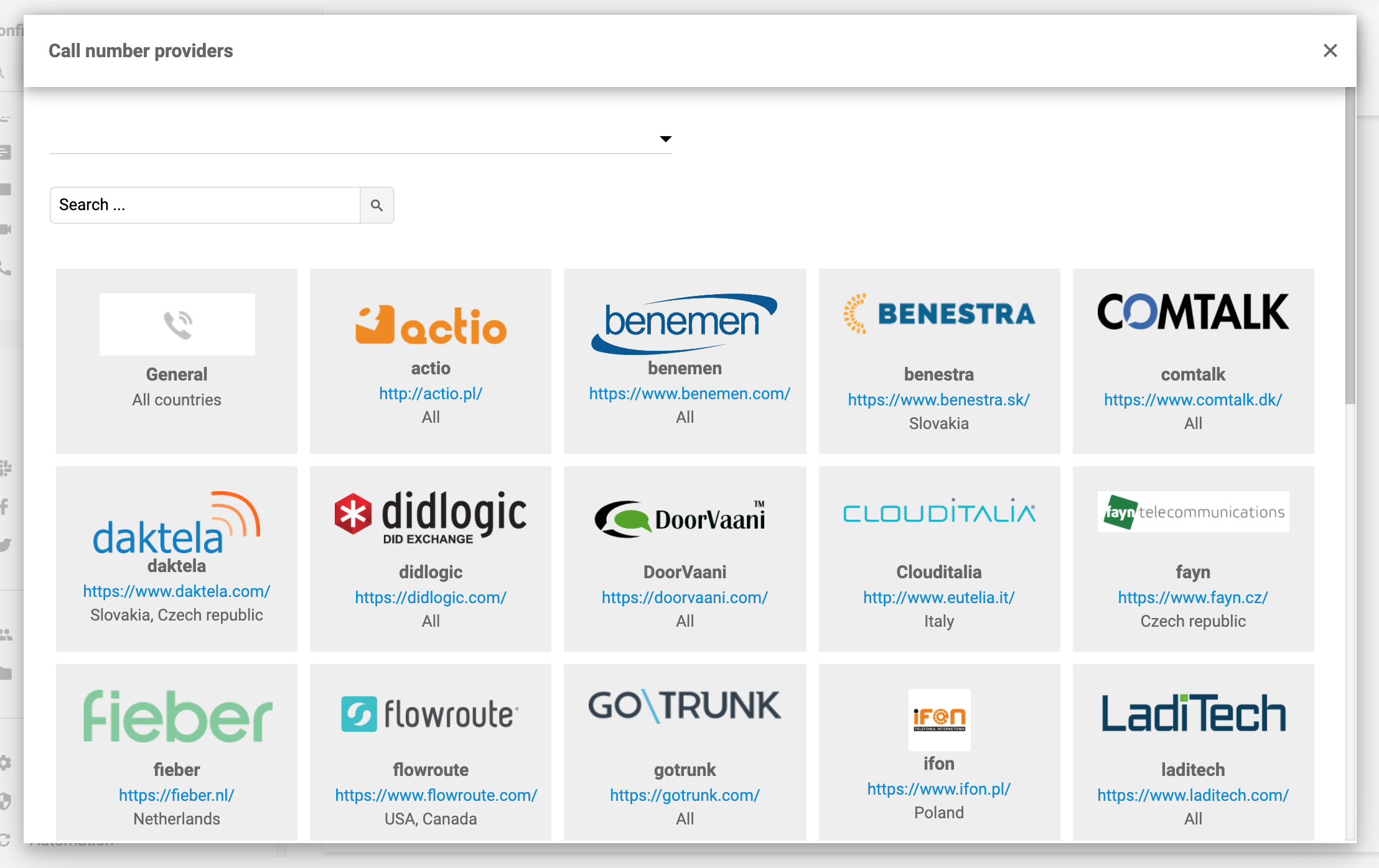 LiveAgent skambučių numerių teikėjai