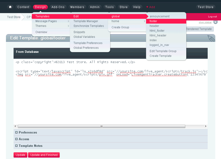 ExpressionEngine svetainės kodas su LiveAgent pokalbio mygtuko kodu