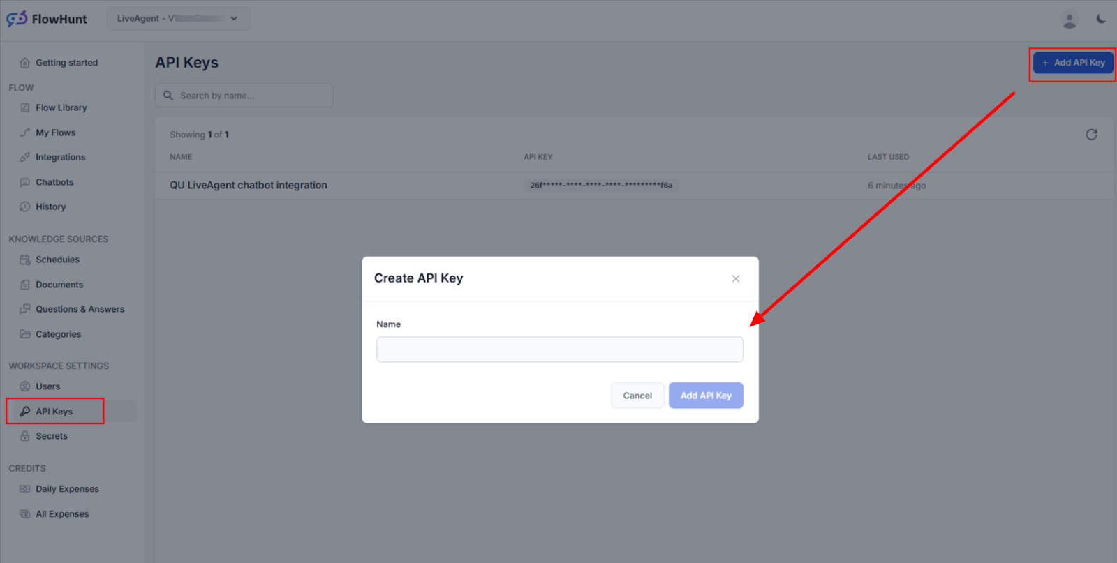API rakto kūrimas FlowHunt darbo srities integracijos su LiveAgent metu