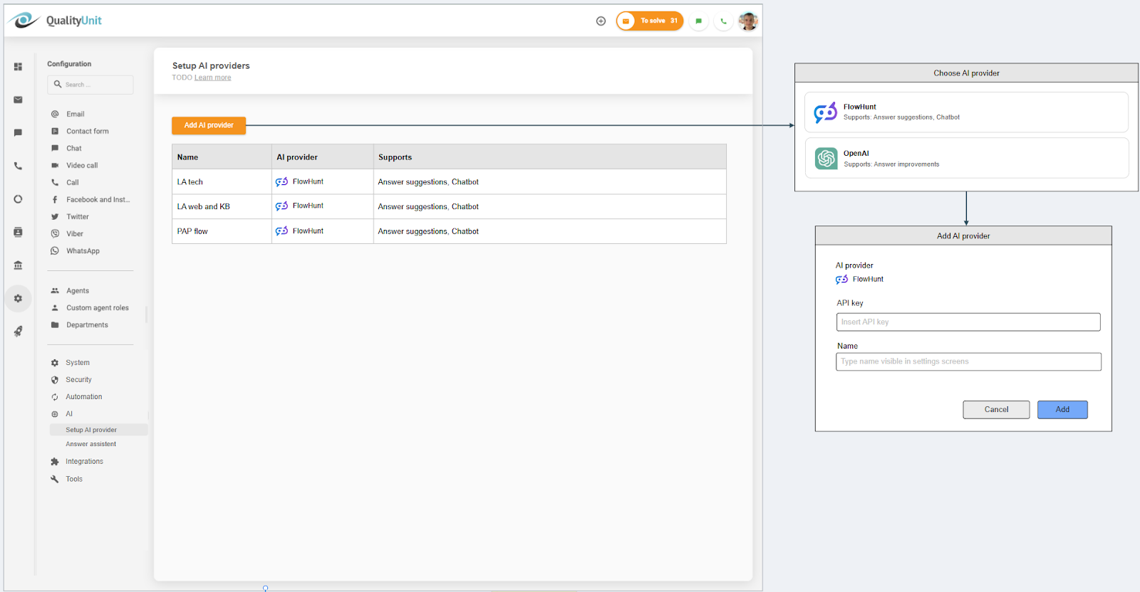 LiveAgent AI teikėjo prijungimas