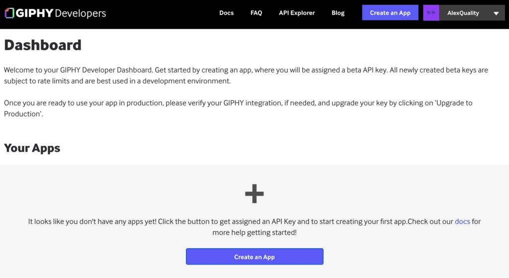 Giphy prietaisų skydo su programos kūrimo parinktimi, skirta API raktui generuoti