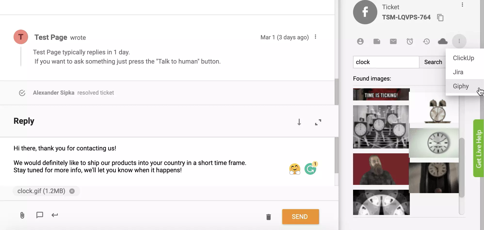 Giphy integracija suaktyvinta ir veikianti LiveAgent bilietu sistemoje