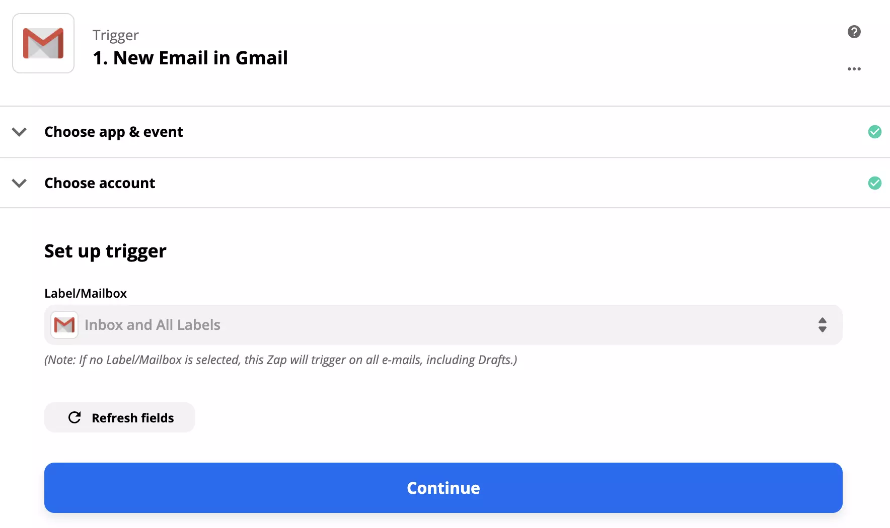 Gmail triggerio konfigūracija Zapier