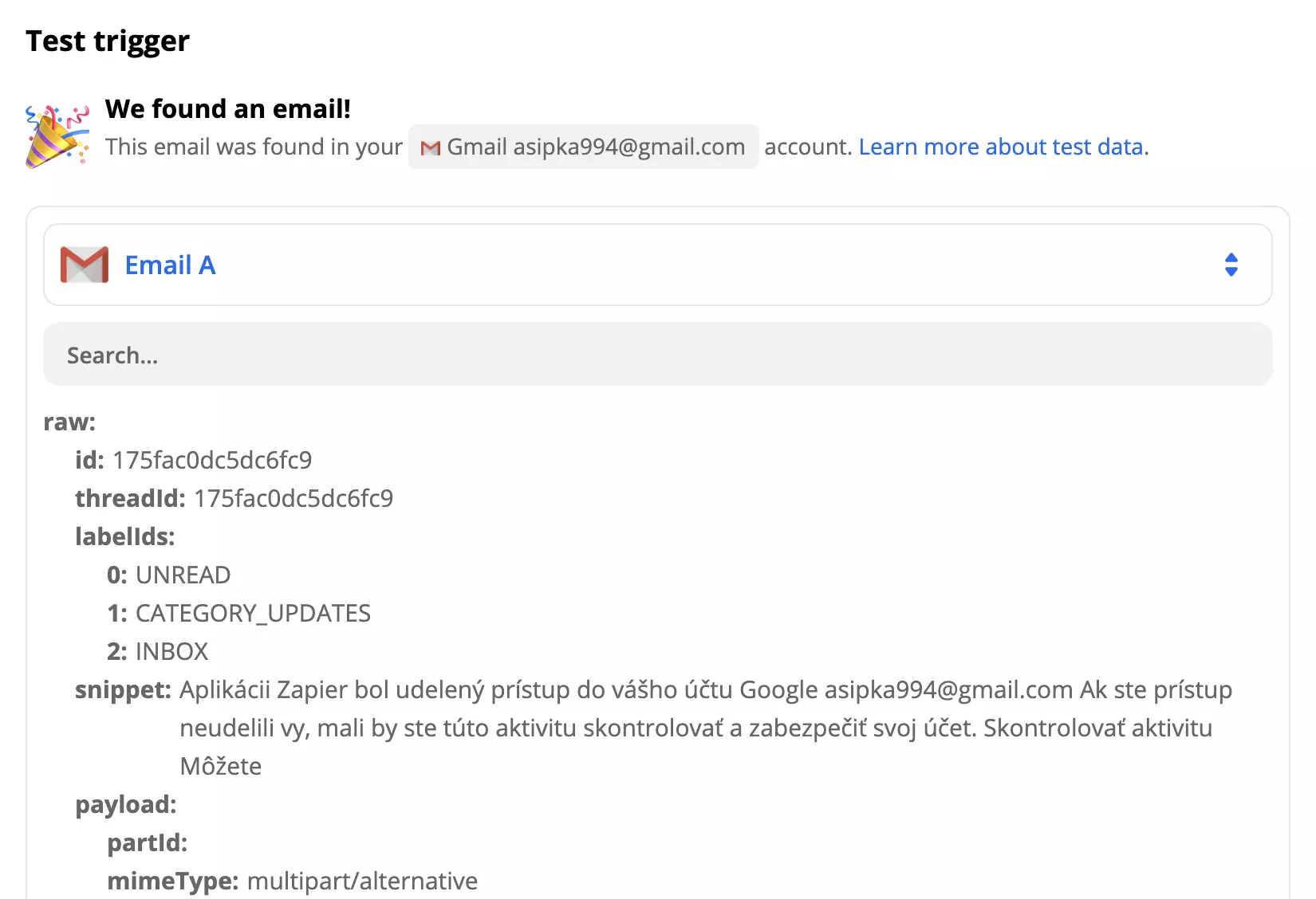 Gmail triggerio testo pavyzdys