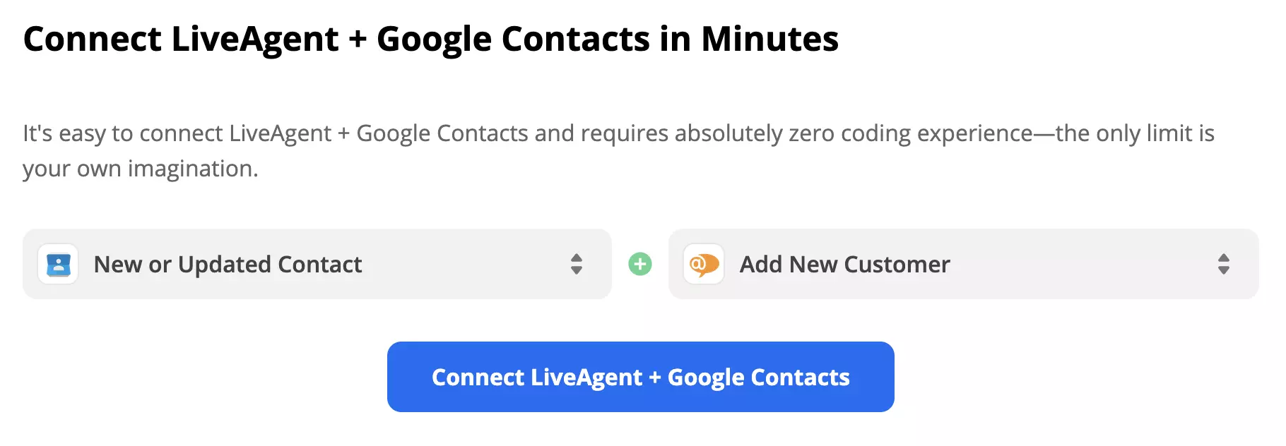 Google Kontaktų trigeris New or Updated Contact ir LiveAgent veiksmas Add New Customer