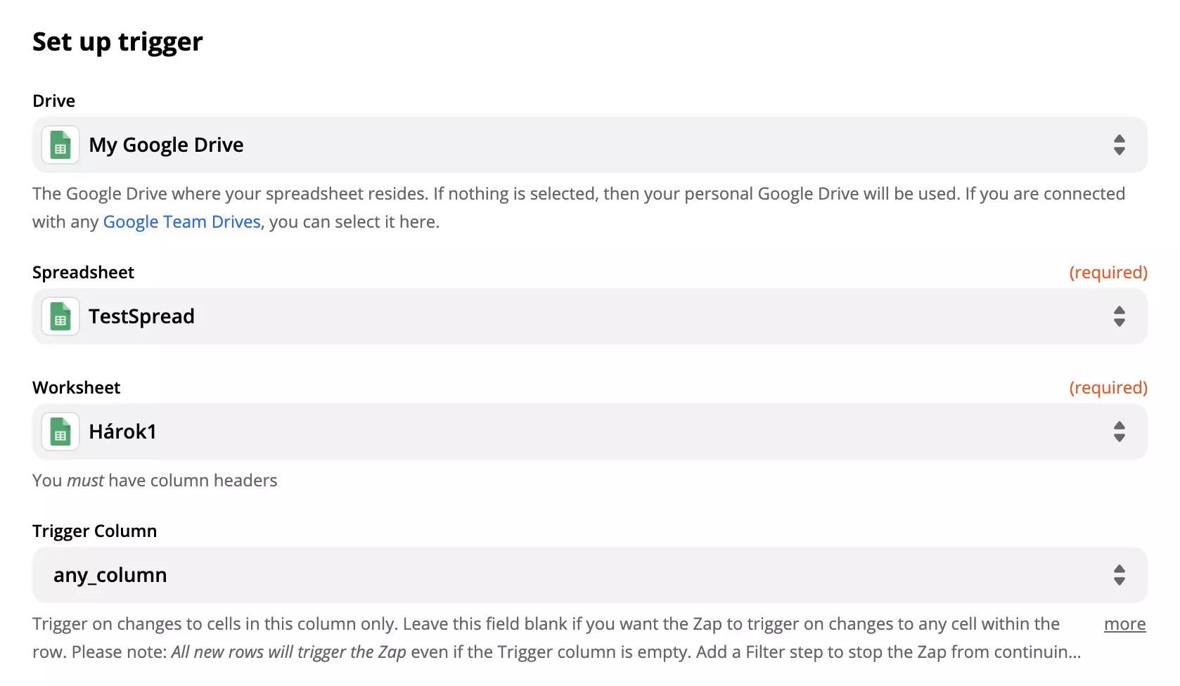 Google Sheets\' trigerio nustatymo parinktys ir laukai