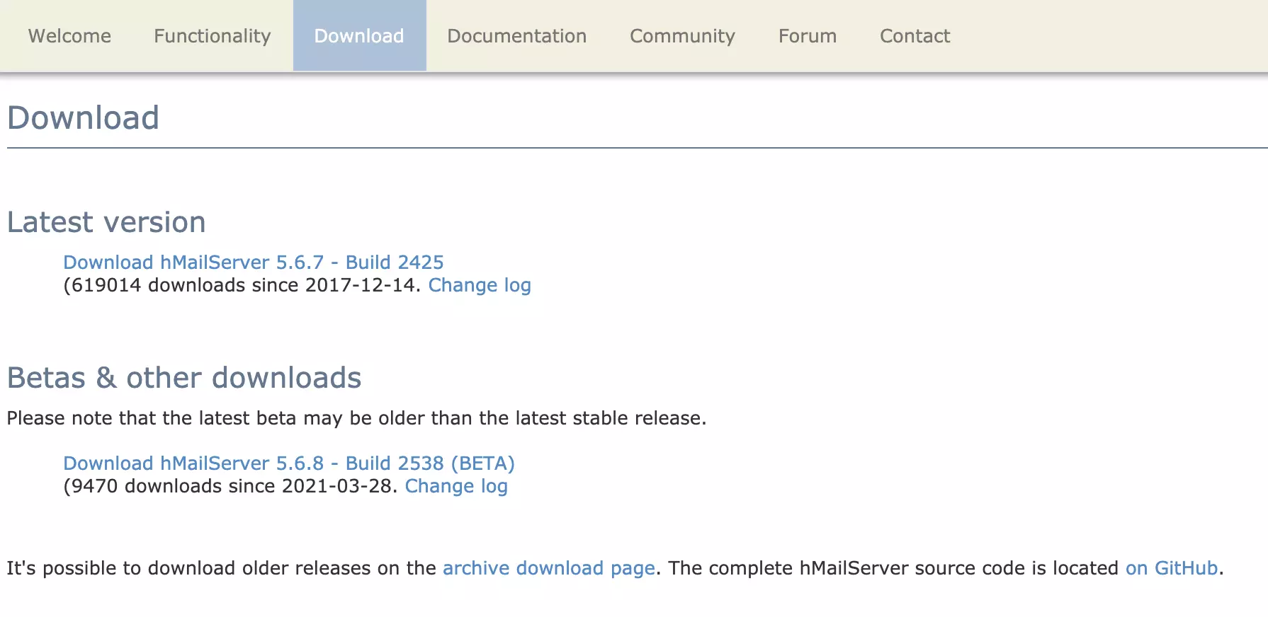 HMailServer atsisiuntimo puslapis