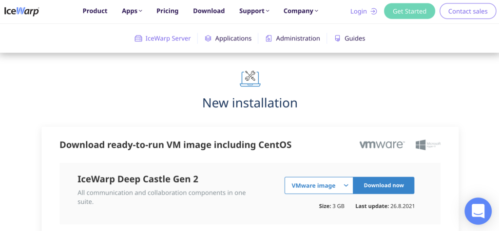 IceWarp svetainė su diegimo skyriumi ir atsisiuntimo nuorodomis