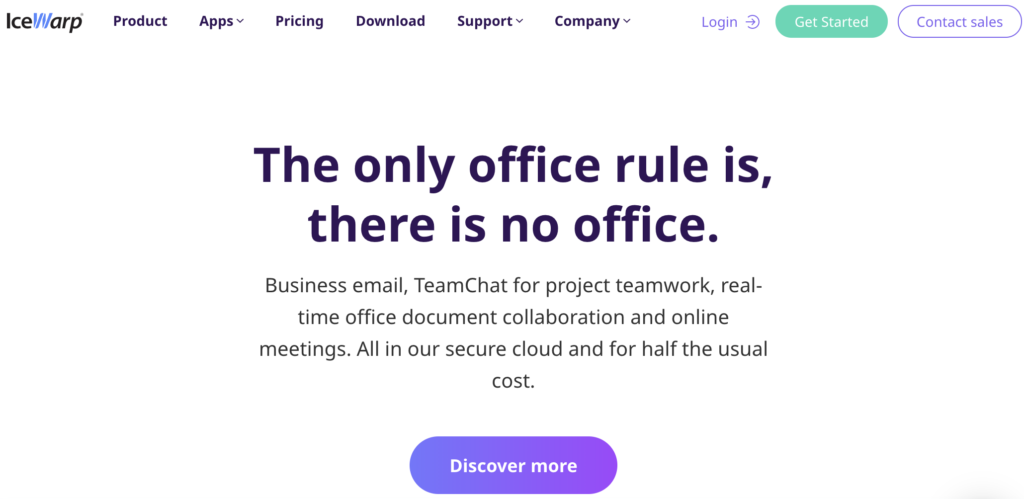 IceWarp pagrindinis puslapis su šūkiu ir subpuslapio parinktimis