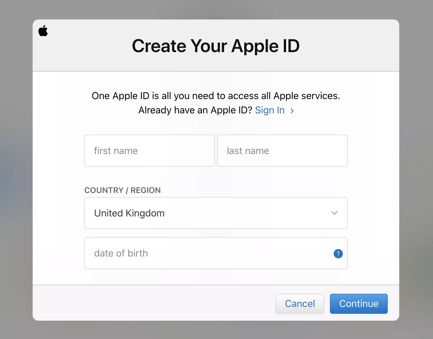iCloud paskyros registracijos forma