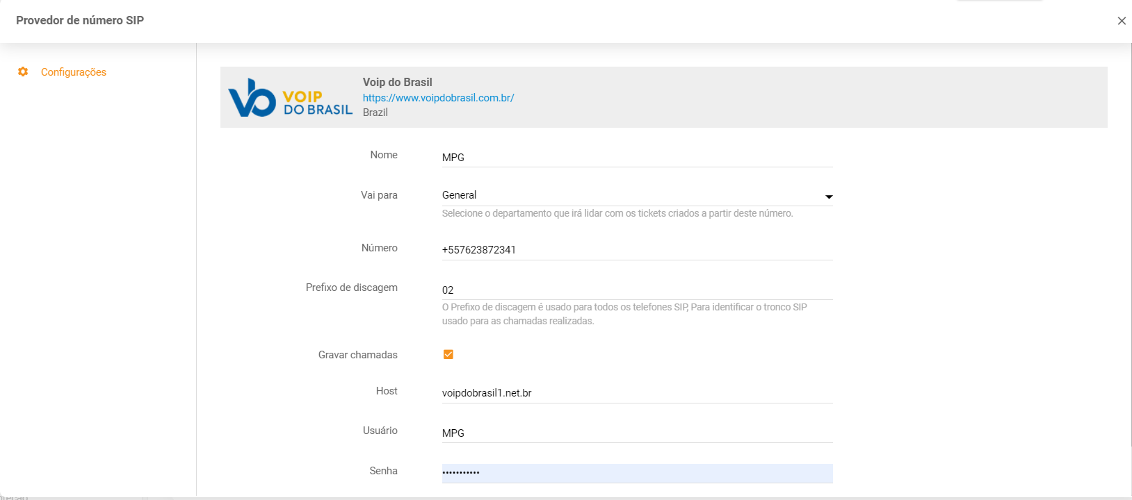 Įveskite Voip do Brasil prisijungimo duomenis