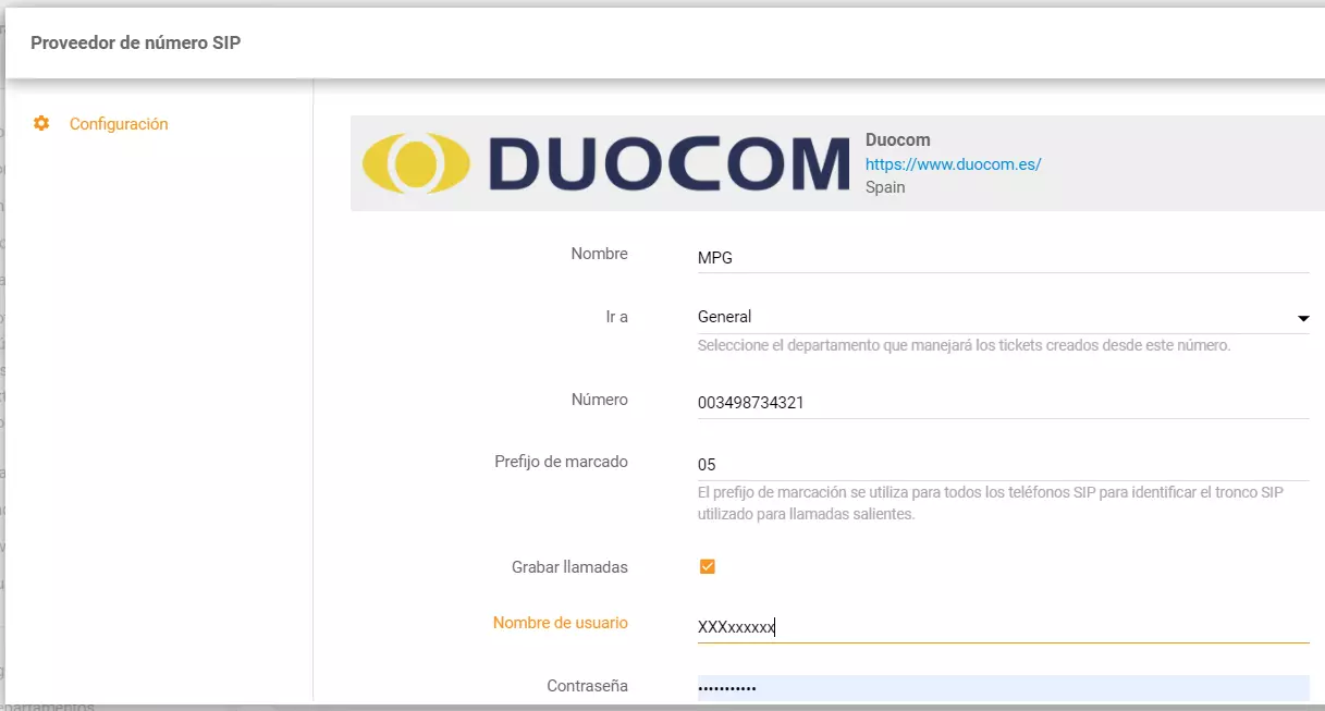 Konfigūruokite Duocom telefono numerį LiveAgent