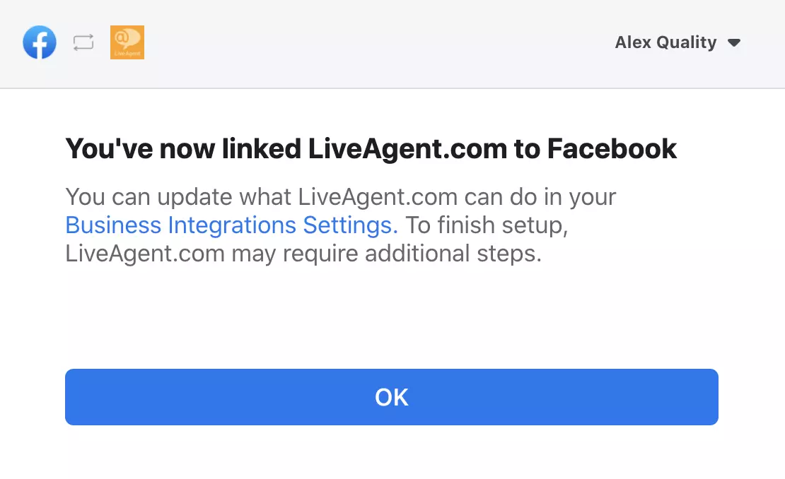 Iškylantis langas, patvirtinantis sėkmingą integracijas tarp Facebook ir LiveAgent