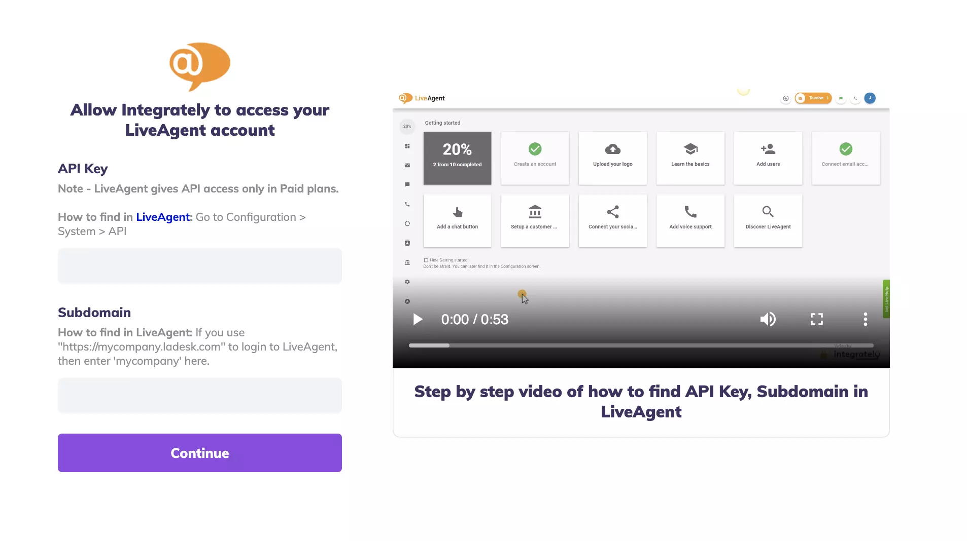 API rakto ir subdomeno laukai Integrately integracijos teste