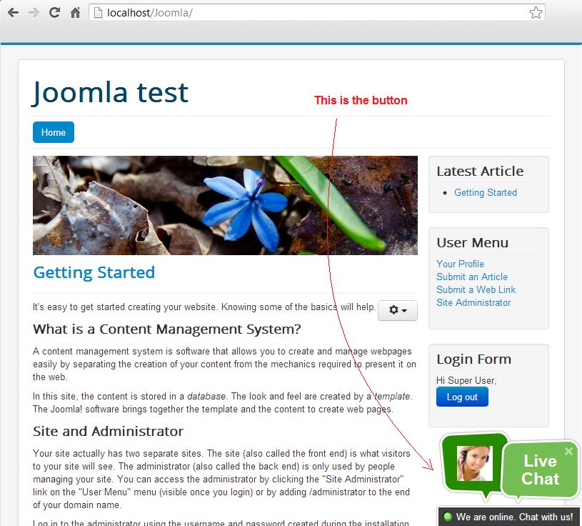 Joomla tiesioginės pokalbio mygtuko rodymas