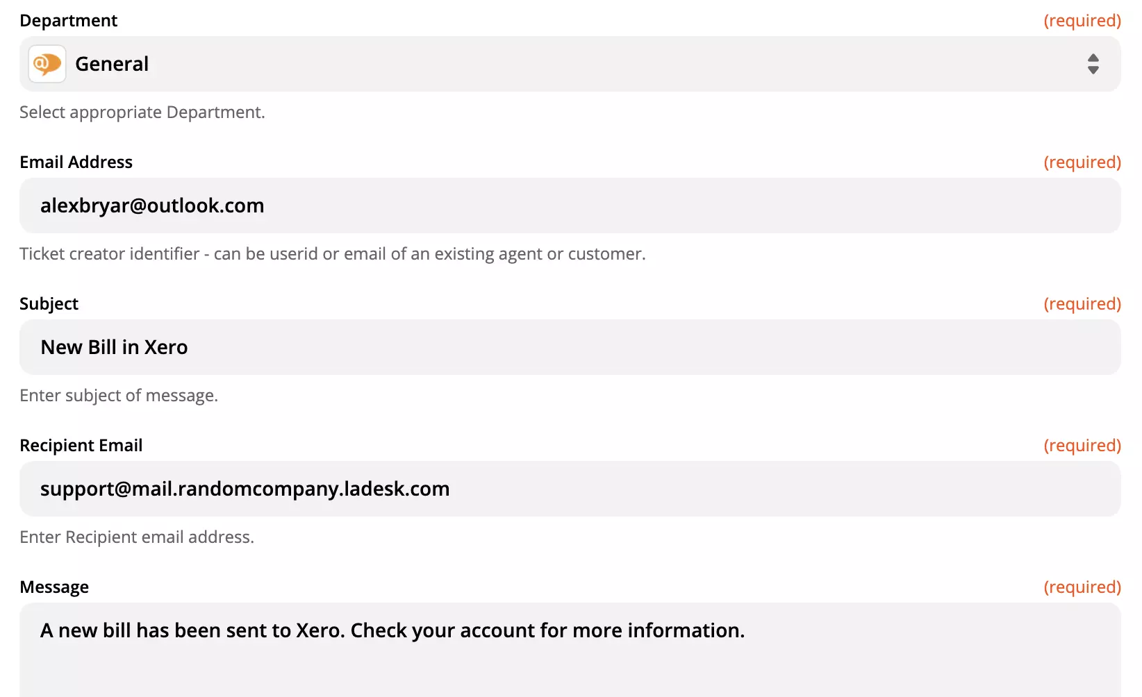 LiveAgent veiksmų konfigūracijos parinktys Zapier svetainėje