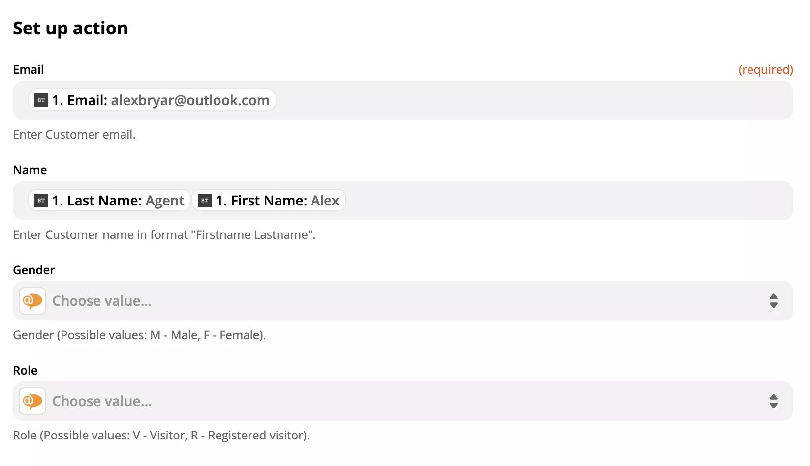 'LiveAgent' veiksmų konfigūracija su duomenimis laukuose 'Zapier'