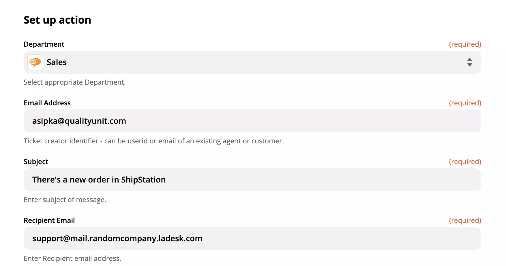 LiveAgent veiksmų konfigūracija