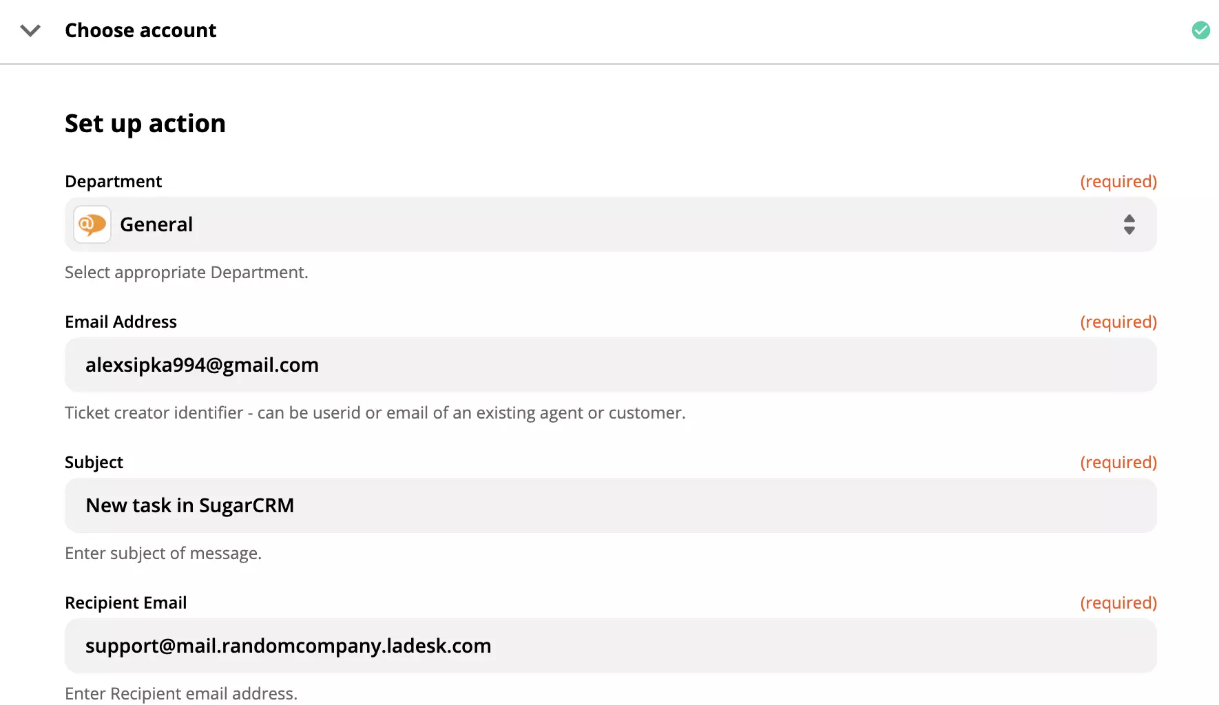 LiveAgent veiksmo konfigūracija Zapier integracijoje