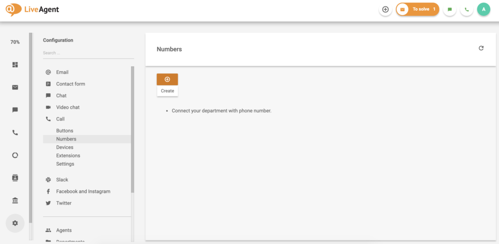 LiveAgent skambučio numerio ekranas su galimybe sukurti naują numerį